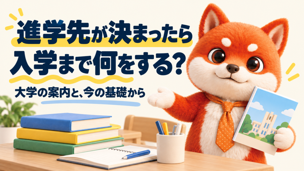 進学先が決まった後に、大学の案内と教材を並べ、英語・数学の基礎学習を考えるイラスト