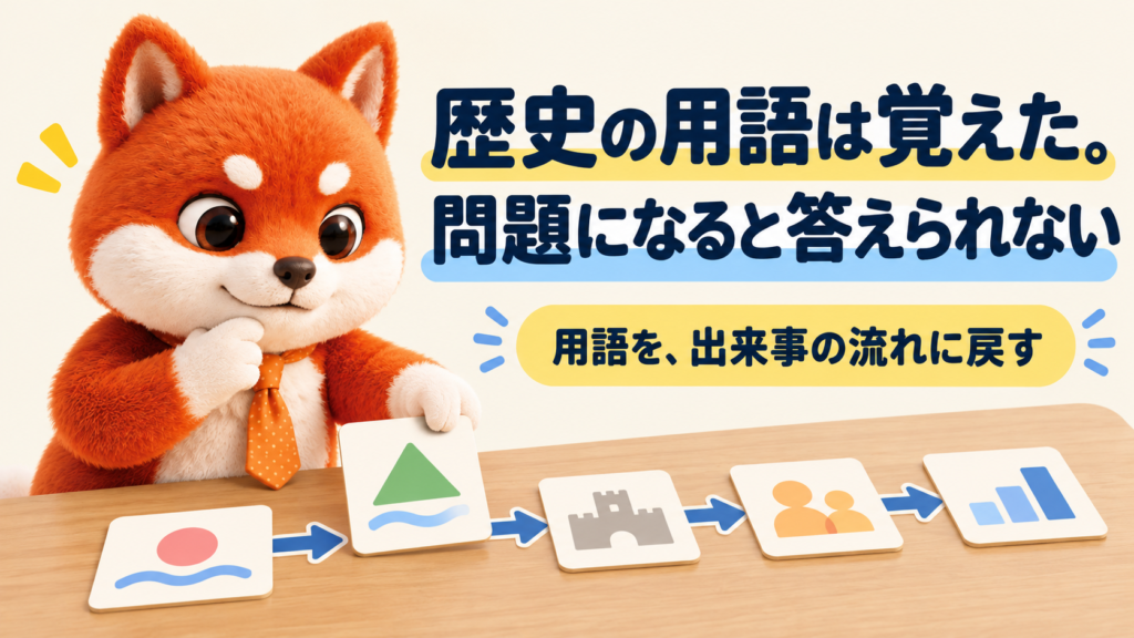 歴史の勉強。教科書、一問一答、教科書の順に流れと用語を行き来する学習イラスト。