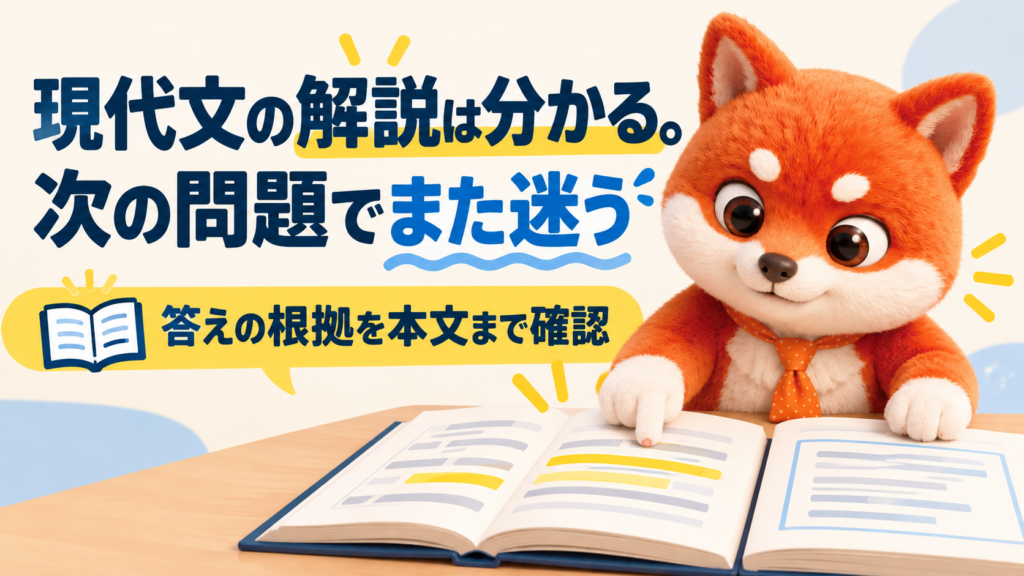 現代文の復習。その答えの根拠を本文で確かめ、選択肢とつなげる学習イラスト。