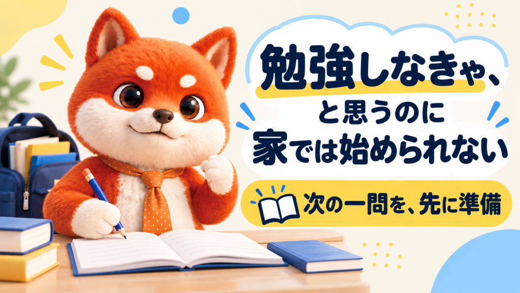 勉強を始める環境。始める前の迷いを減らすため、次のページを先に開いて準備する学習イラスト。
