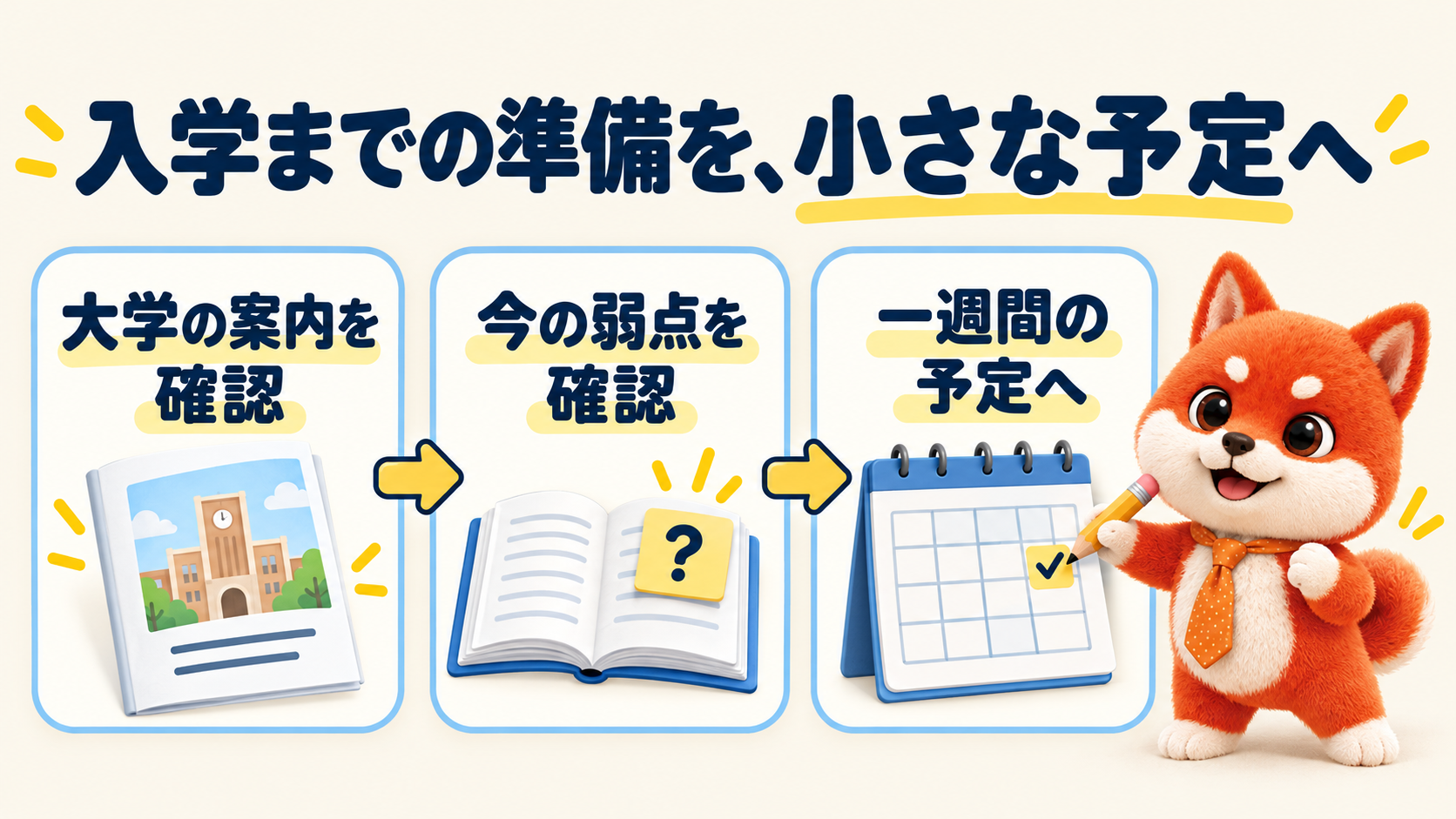 大学の案内を確認し、今の弱点を確かめ、一週間の予定へ課題と確認日を入れる三段階の図