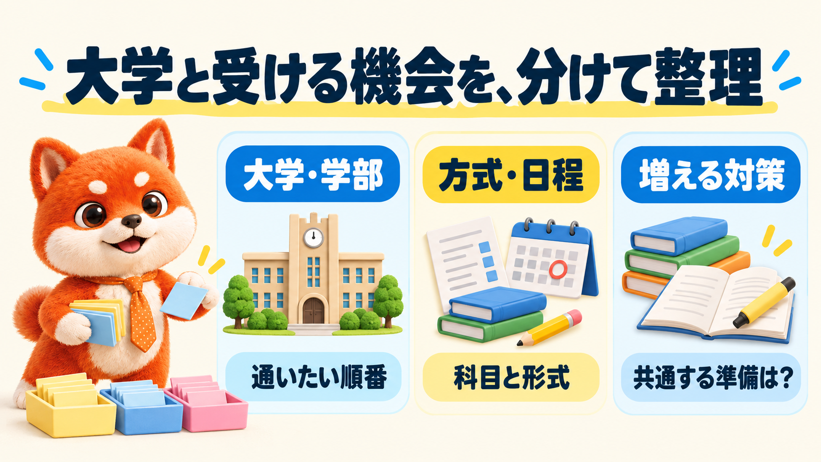 大学数と受験機会は、分けて考える。大学・学部は通いたい順番、方式・配点は科目と形式を確認、追加の対策は共通する準備は？