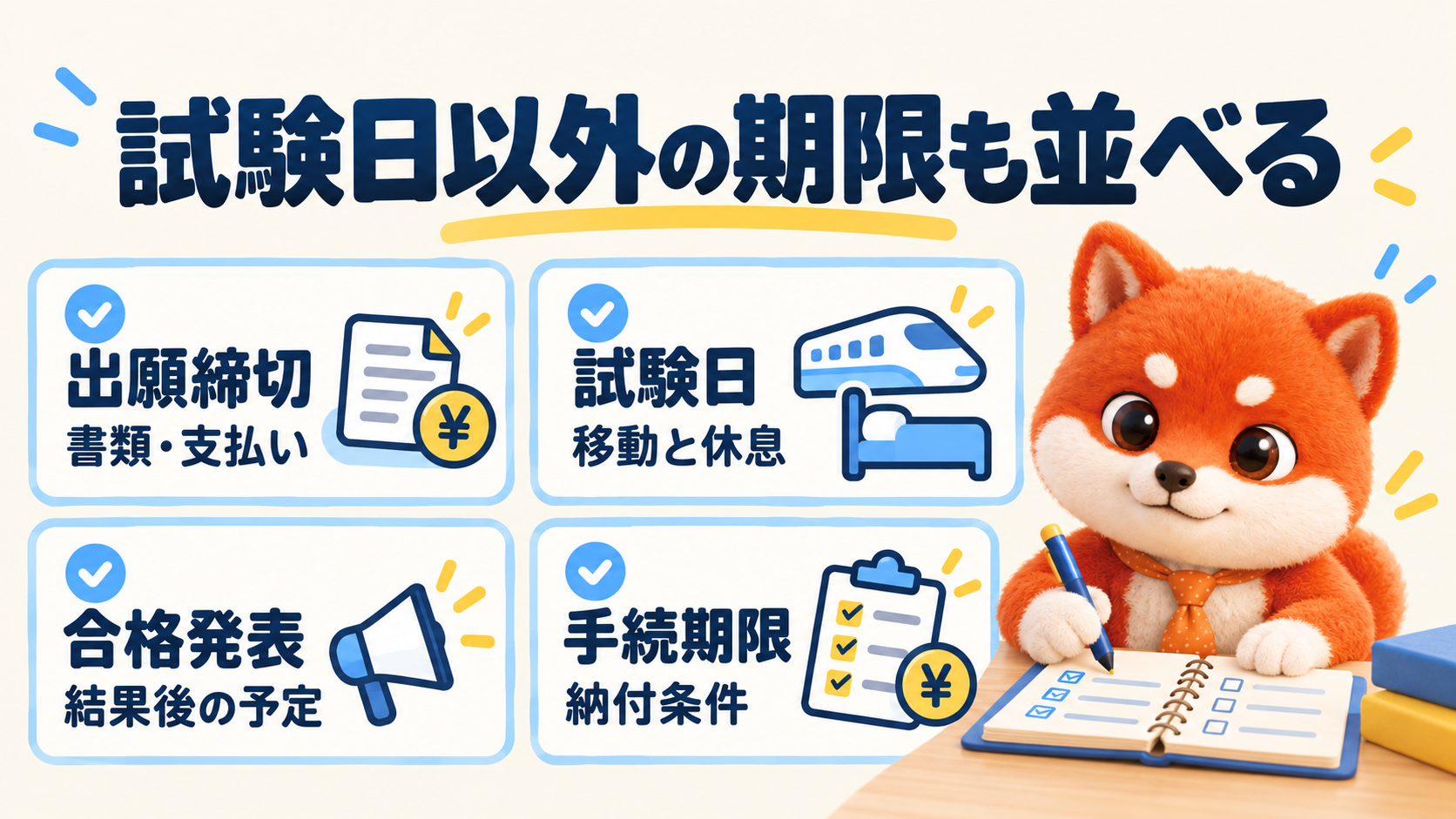試験日以外の期限も、一緒に並べる。出願締切は書類・支払いまで確認、試験日は移動・休む日も確保、合格発表は結果後の予定を相談、手続期限は先に必要な費用を確認