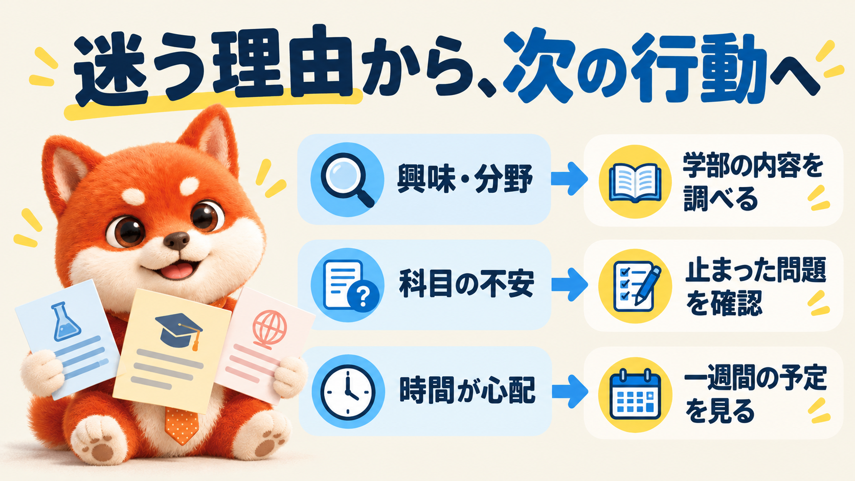 興味、科目、時間の悩みから、調べる・問題を確認する・予定を見る行動へつなぐ図