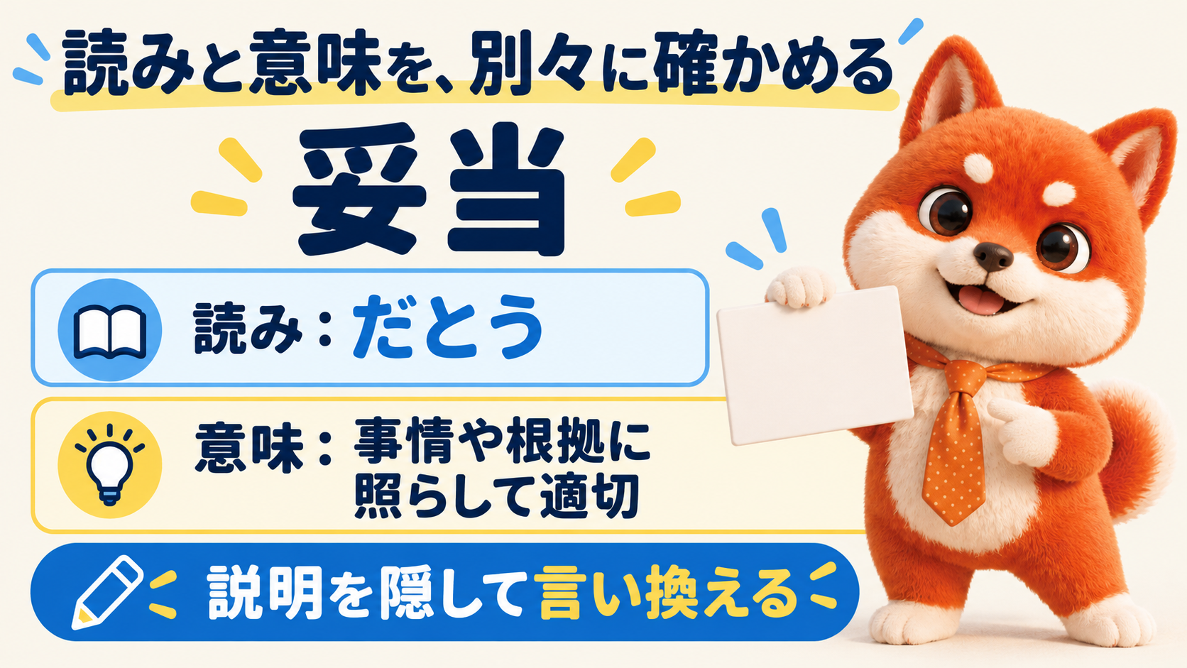 妥当の読みと意味を別に確認し、説明を隠して意味を答える