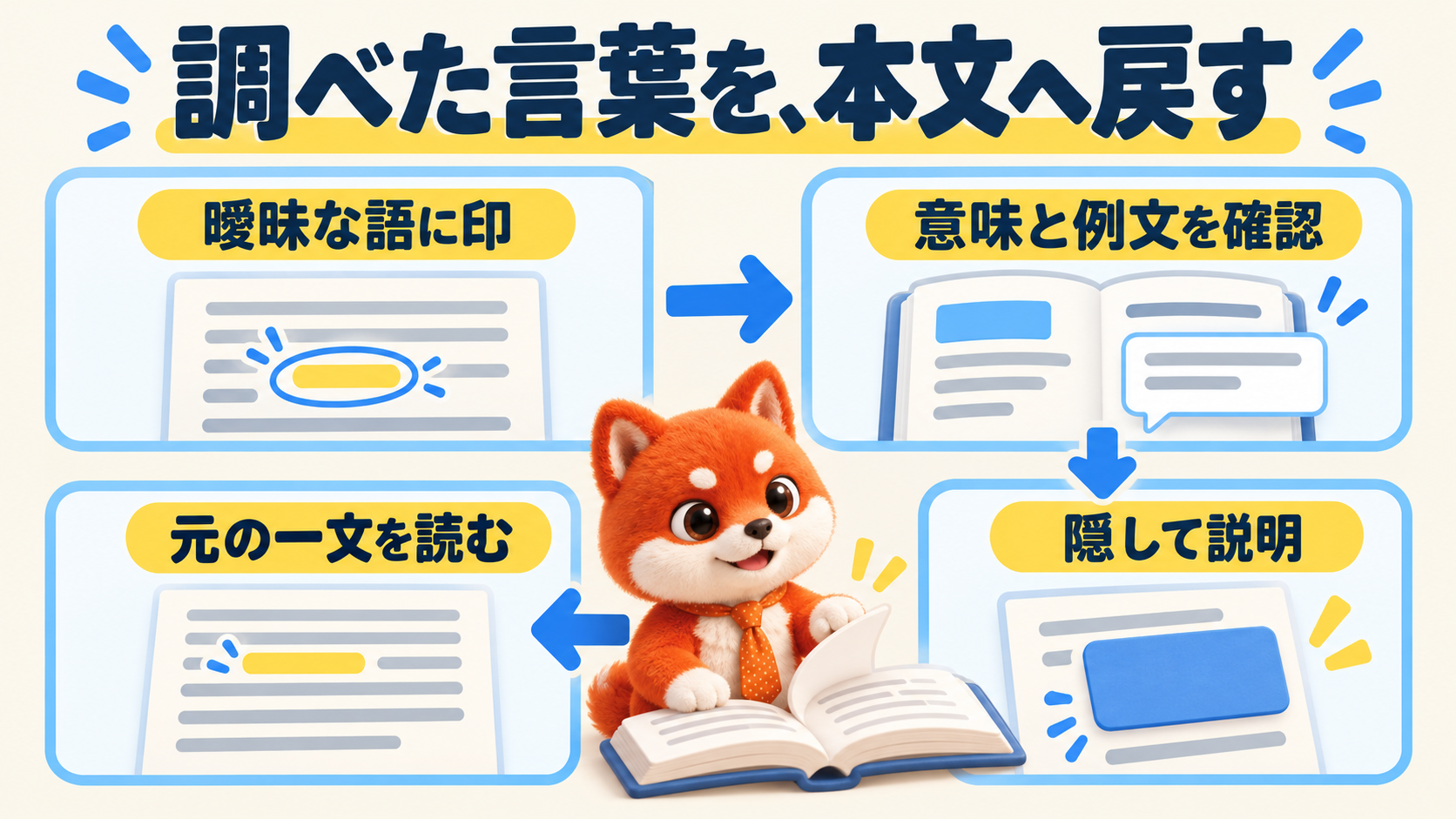 言葉に印をつけ、意味と例文を調べ、隠して説明し元の一文を言い換える