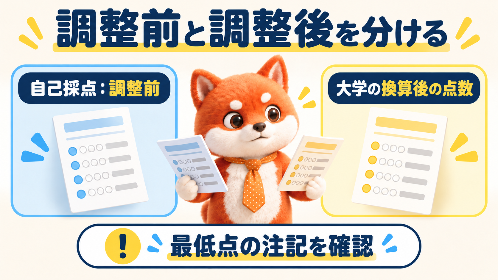 素点は採点した調整前の点数、調整後の点数は大学のルールで換算した点数