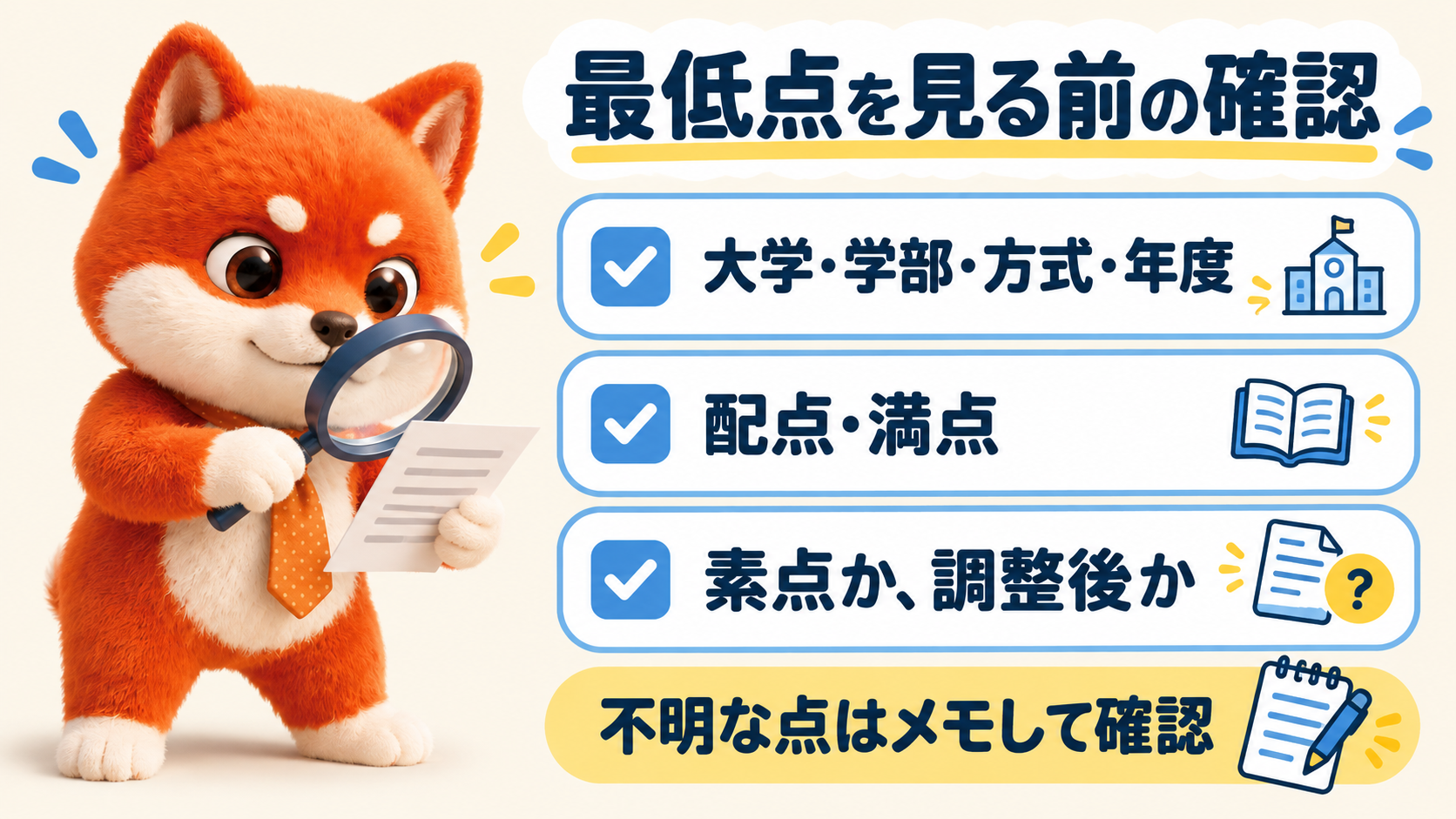 大学・学部・方式・年度、配点と満点、素点か調整後かの三つを確認する