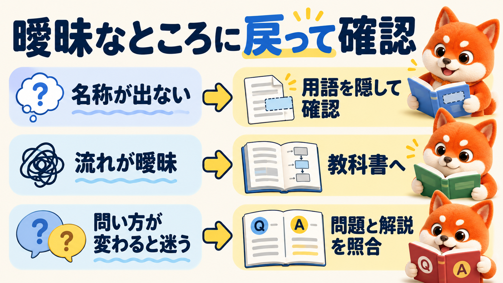 歴史のつまずきで、戻る場所を選ぶ。名称が出ないは用語を隠して確認、流れが曖昧は教科書で内容を確認、問い方が変わると迷うは問題と解説を照合