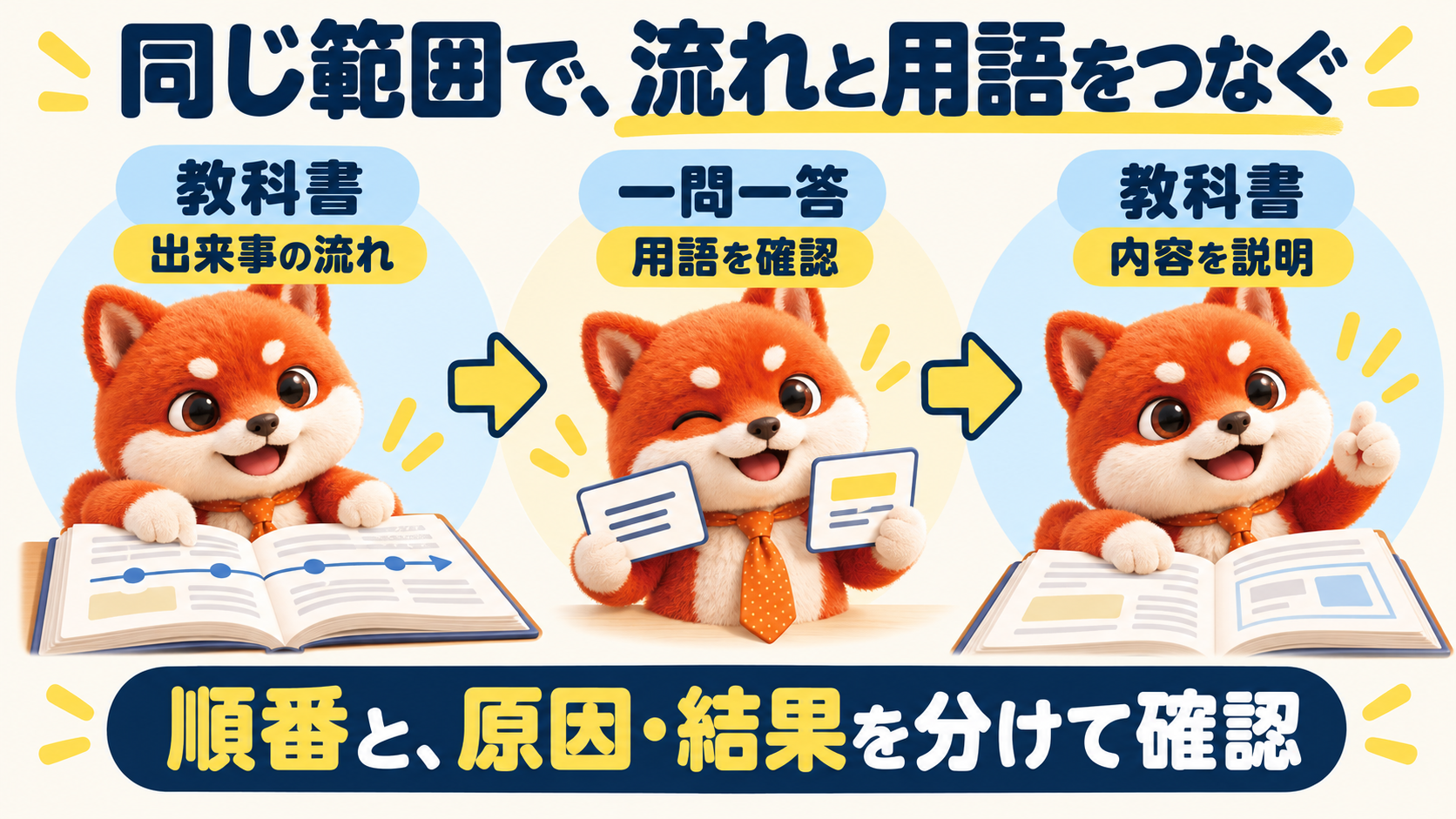 歴史の復習は同じ範囲で教科書、一問一答、教科書へ進む。流れと用語の曖昧なほうへ戻り、前後関係と原因・結果を分ける。