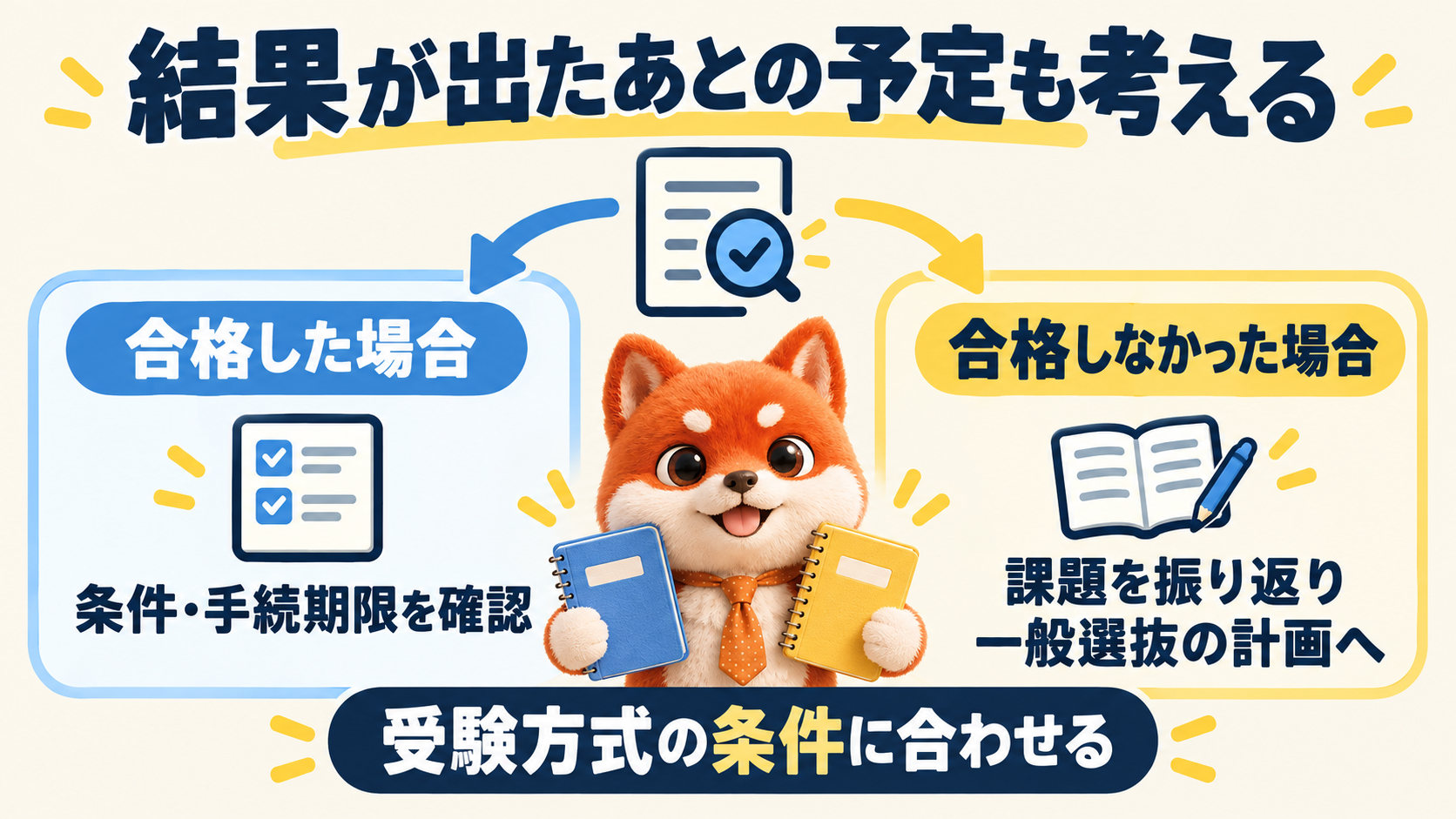 公募推薦の結果、その後も先に考える。合格した場合は条件・手続期限を確認、合格しなかった場合は一般選抜の計画へ戻る