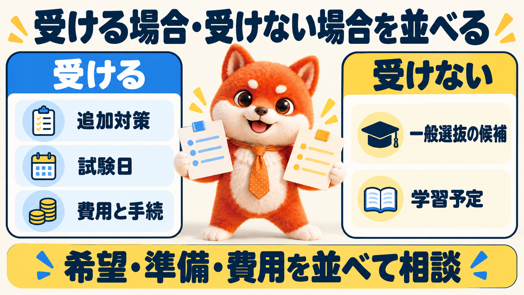 公募推薦を受ける場合は追加対策・試験日・費用と手続、受けない場合は一般選抜の候補・勉強の進め方を並べて相談する