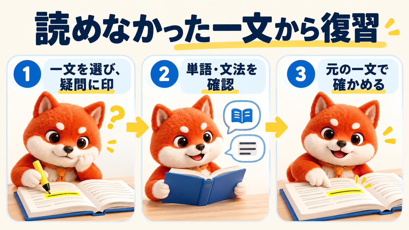 読めなかった一文を選んで疑問に印をつけ、単語・文法を教材で確認し、元の一文を読み根拠を確かめる
