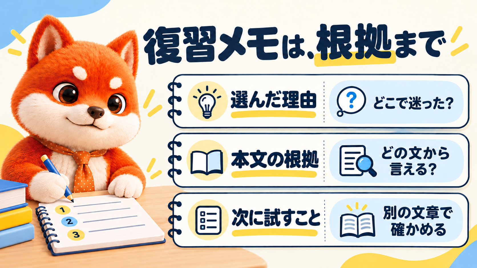 復習メモは、根拠まで。選んだ理由はどこで迷った？、本文の根拠はどの文から言える？、次に試すことは別の文章で確かめる
