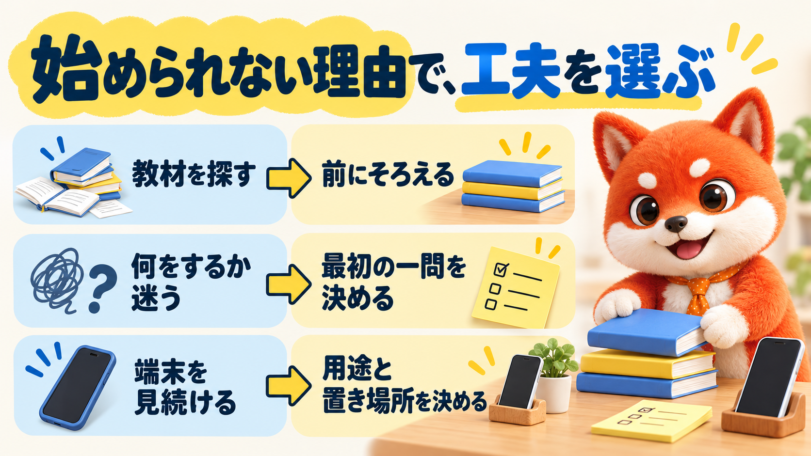 始められない理由で、工夫を選ぶ。教材を探すは前にそろえる、何をするか迷うは最初の一問を決める、端末を見続けるは用途と置き場所を決める
