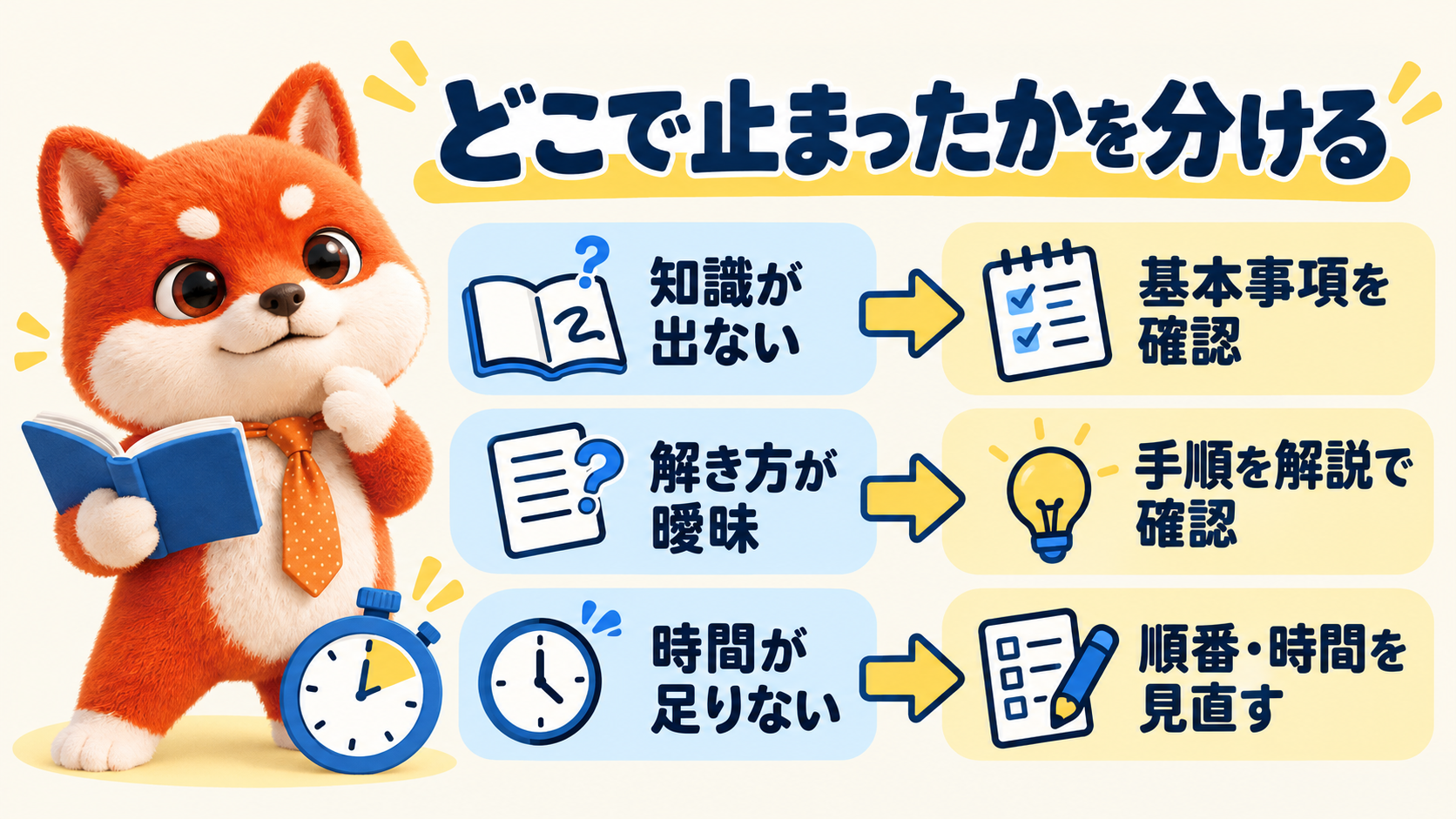 どこで止まったかを分ける。知識が出ないは基本事項を確認、解き方が曖昧は手順を解説で確認、時間が足りないは順番・時間を見直す
