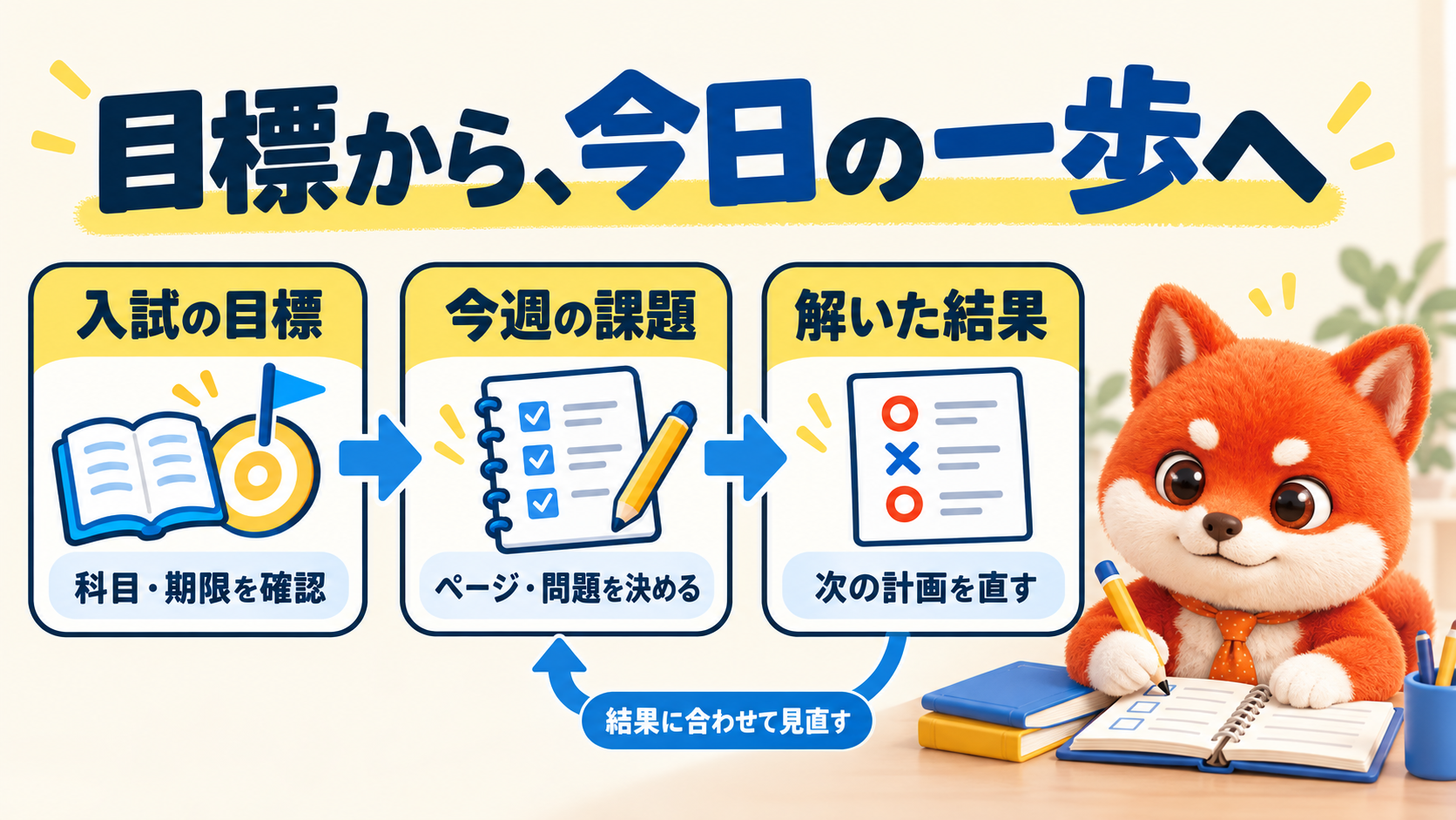 目標から、今日の一歩へ。入試の目標は科目・期限を確認、今週の課題はページ・問題を決める、解いた結果は次の計画を直す