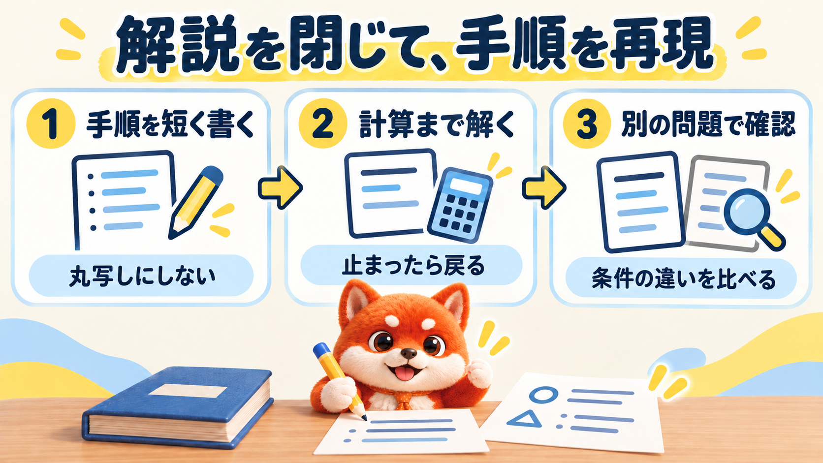 解説を閉じて、手順を再現。手順を短く書くは解説の丸写しにしない、計算まで解くは途中で止まったら戻る、別の問題で確認は条件の違いを比べる