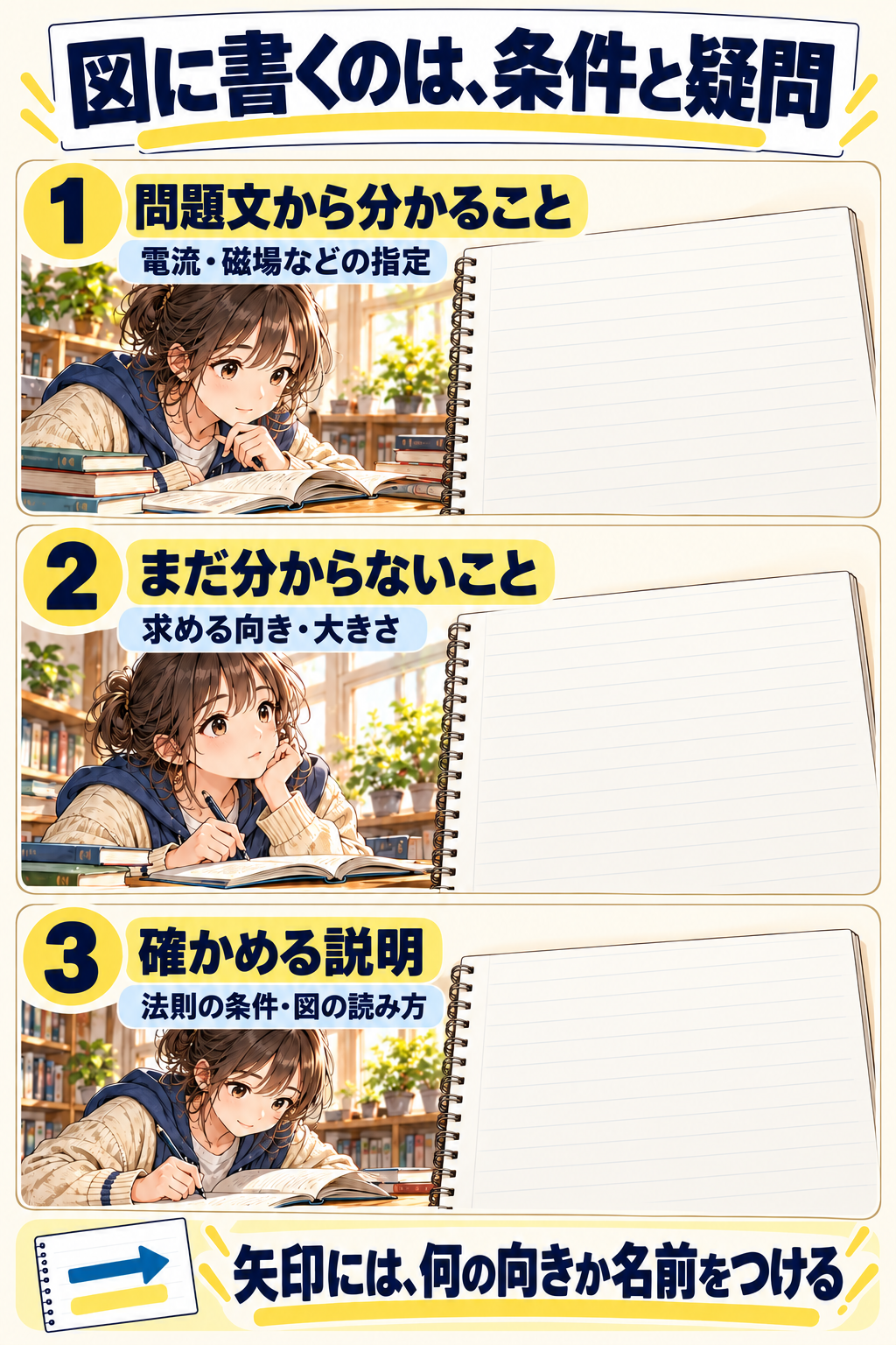 物理の問題で、指定された条件、求める向き、確認する法則を分けて図に書く三つの確認項目