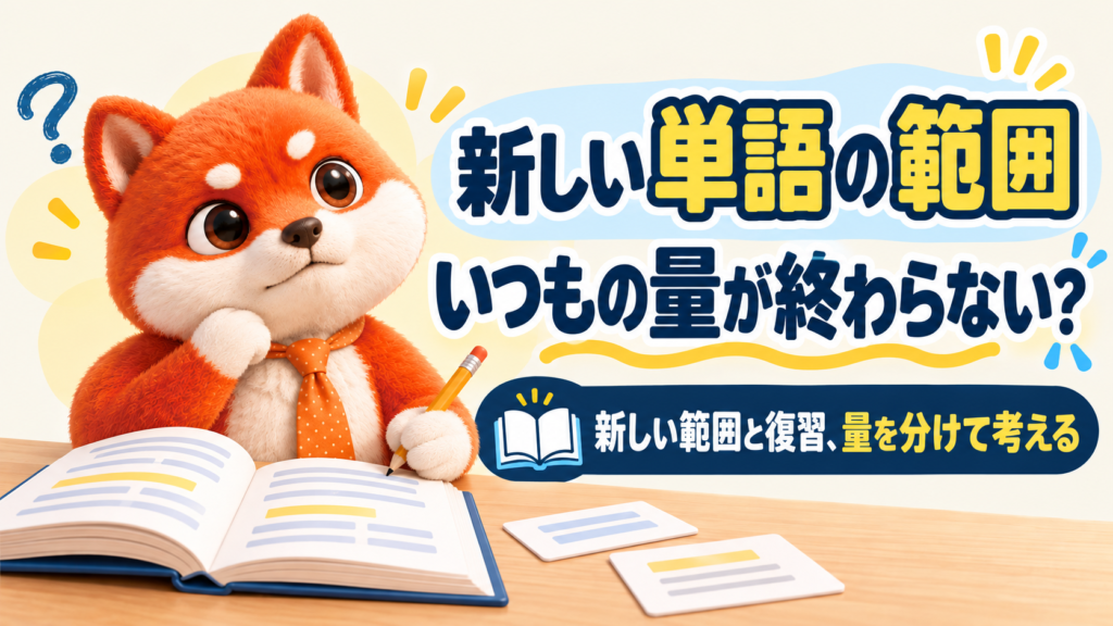 単語帳の新しい範囲で学習量に迷うしぶ犬。新しい範囲と復習の量を分けて考える