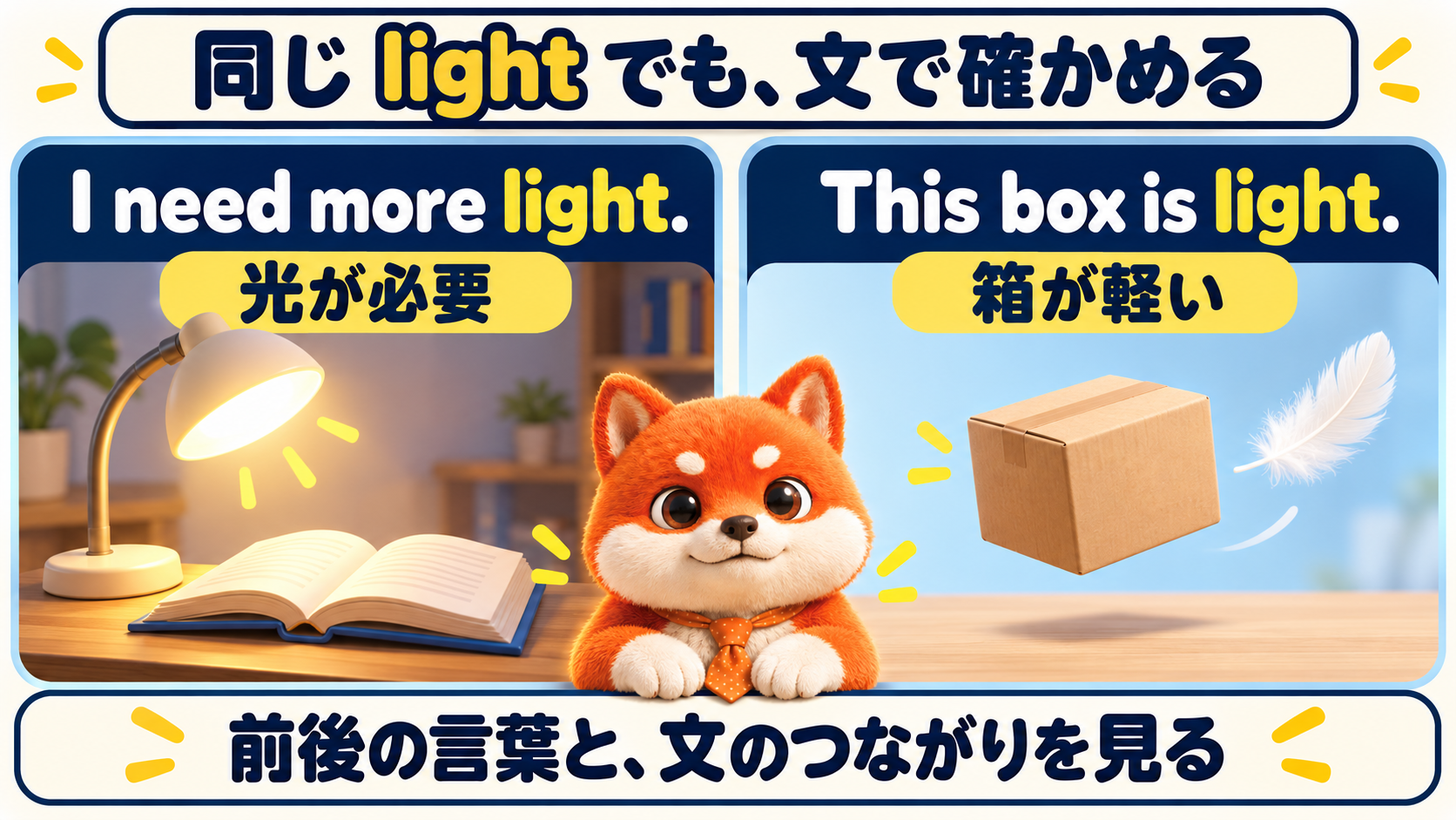 lightを光の意味で使う文と、軽い意味で使う文を比べる図